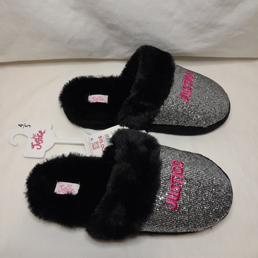 - Justice Glamorous Slip On Slippers Black Faux Fur with Silver Sequins Si…